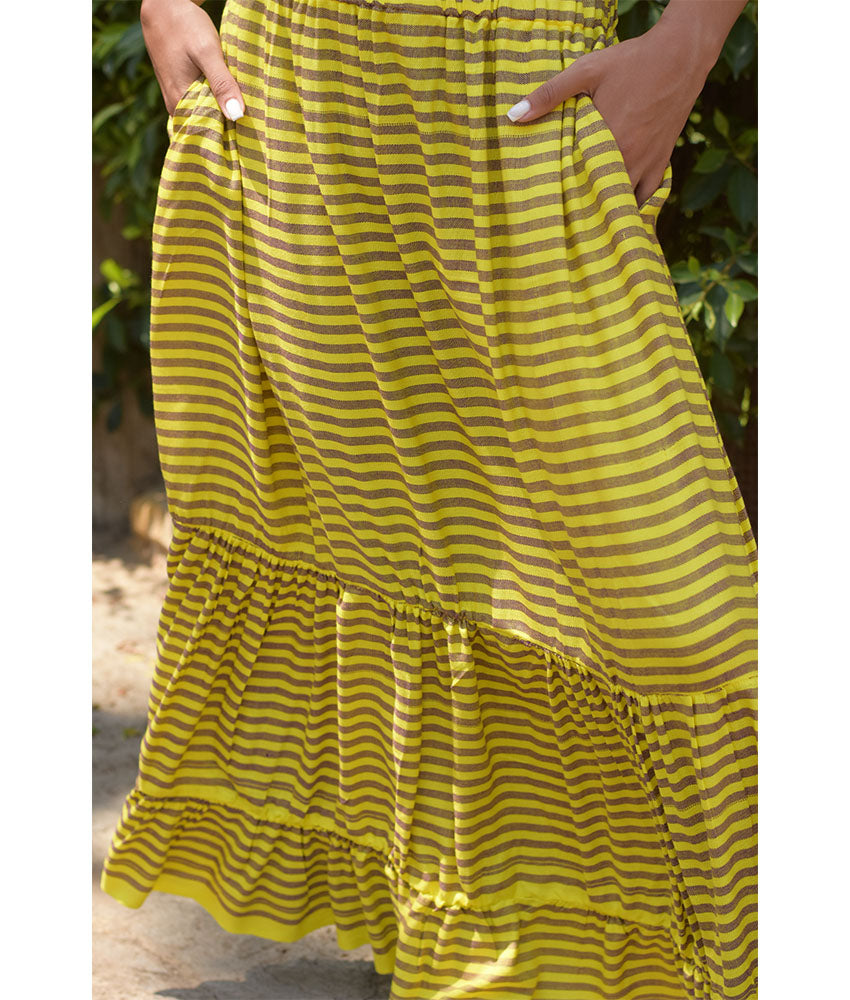 Yellow & Brown Handwoven Ruffle Skirt handmade in Egypt & available at Jozee Boutique.