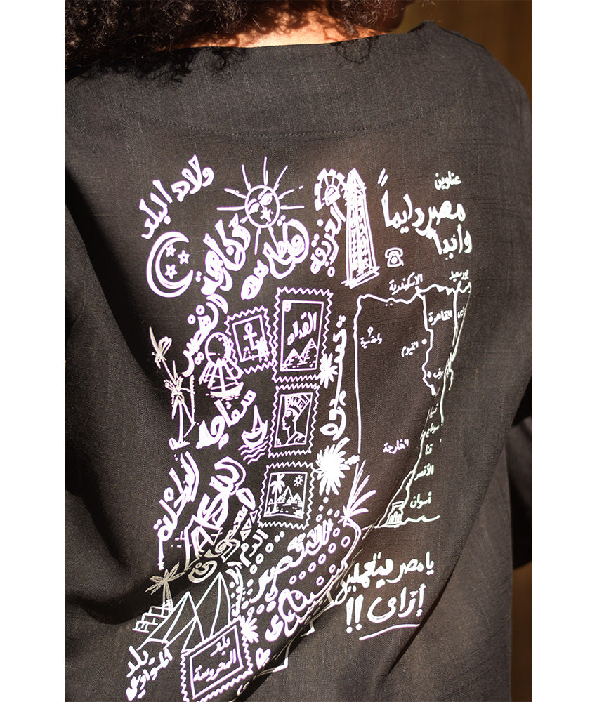 Black Linen Printed El Mahrousa Wrap Jacket