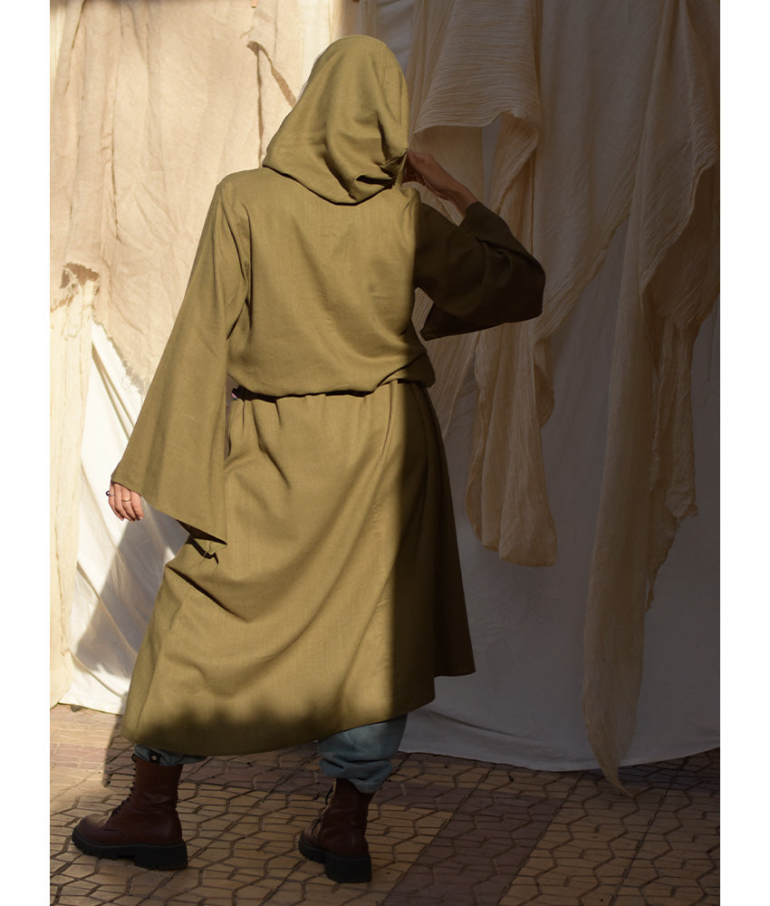 Army green Linen Dress with Hoodie handmade in Egypt & available at Jozee Boutique.