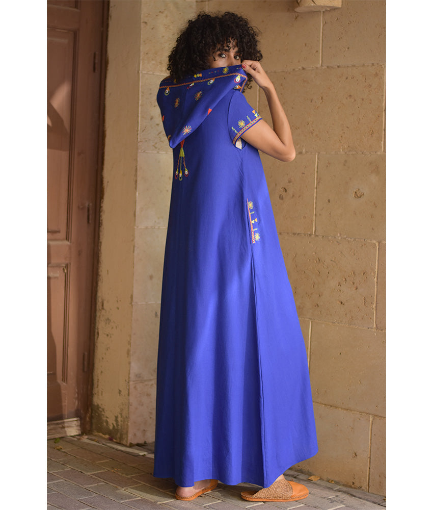 Electric Blue Siwa Heavily Embroidered Linen Dress with Hoodie handmade in Egypt & available at Jozee Boutique.