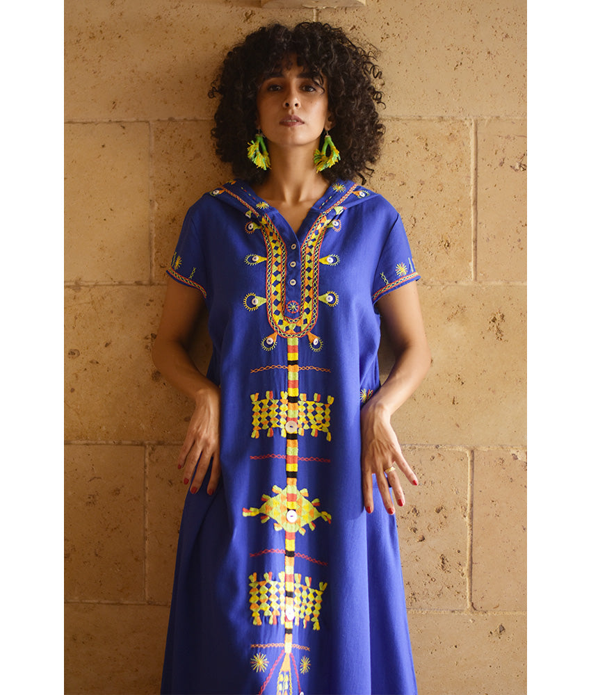 Electric Blue Siwa Heavily Embroidered Linen Dress with Hoodie handmade in Egypt & available at Jozee Boutique.