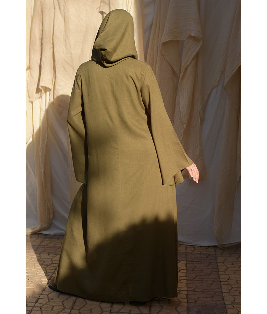 Army green Linen Dress with Hoodie handmade in Egypt & available at Jozee Boutique.