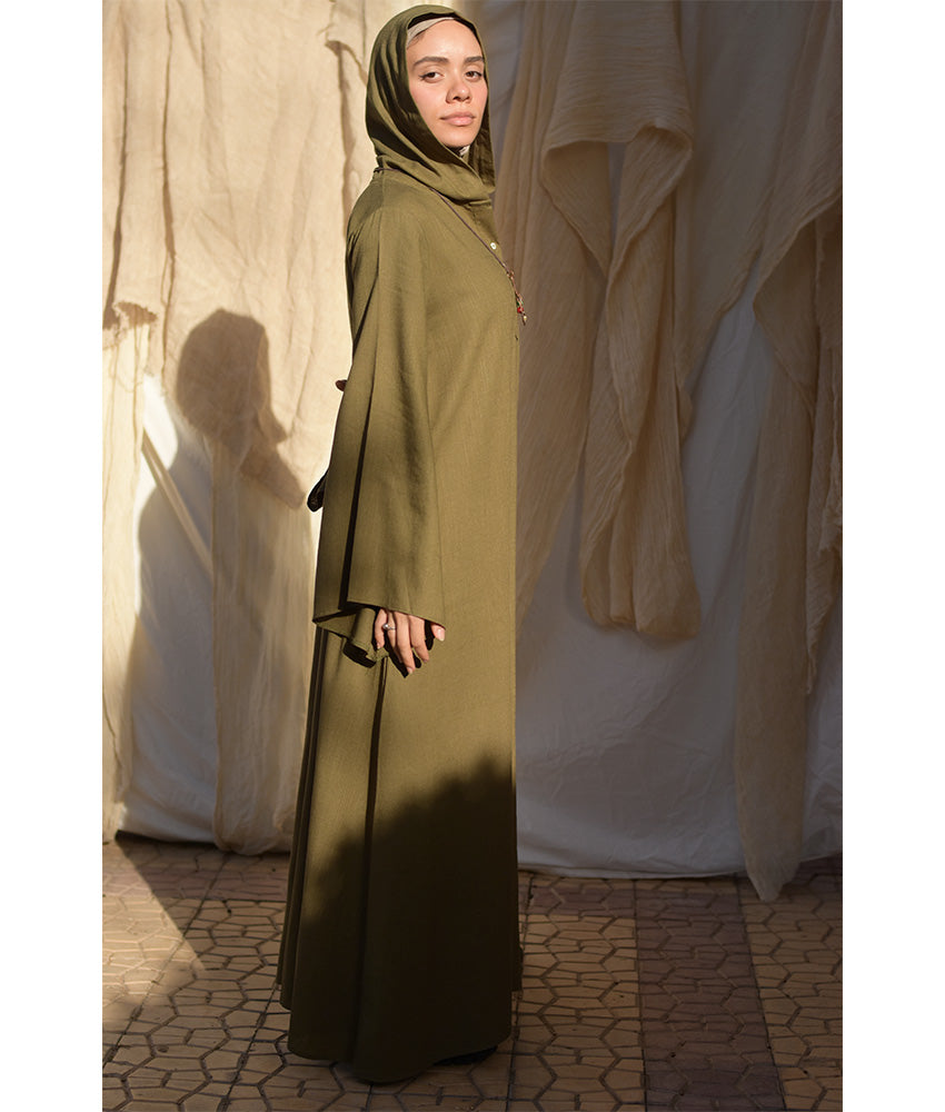 Army green Linen Dress with Hoodie handmade in Egypt & available at Jozee Boutique.