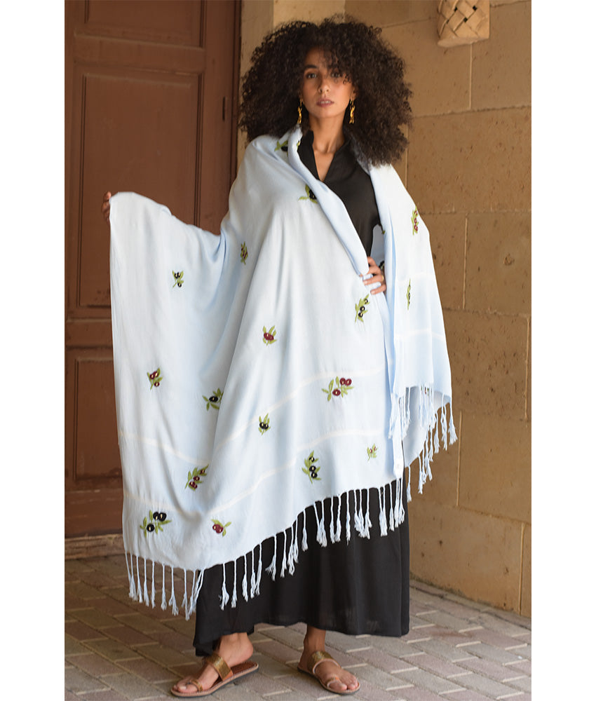 Light Blue Handwoven Viscose Shawl with Hand Embroideries – Fatoum