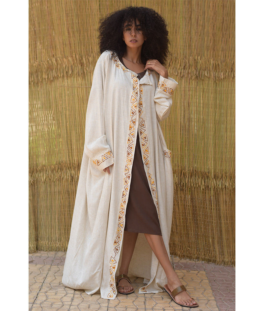 Off White Embroidered Pyramid Linen Cotton Cardigan - Fatoum