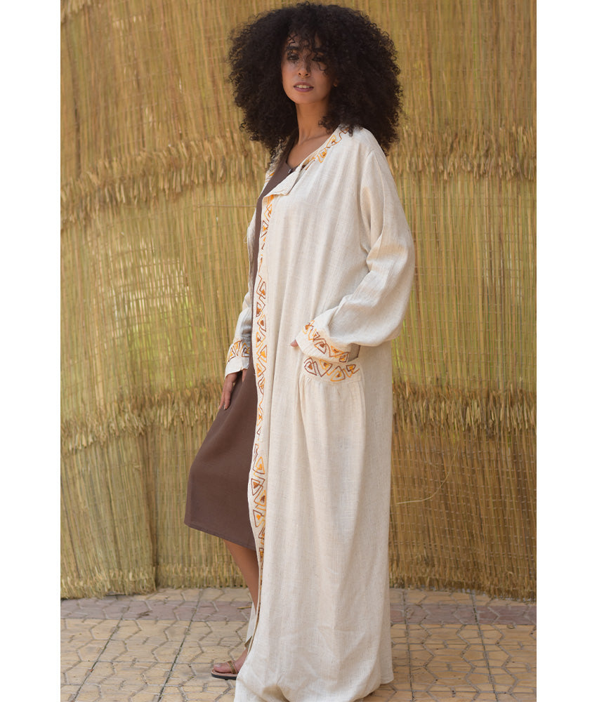 Off White Embroidered Pyramid Linen Cotton Cardigan - Fatoum