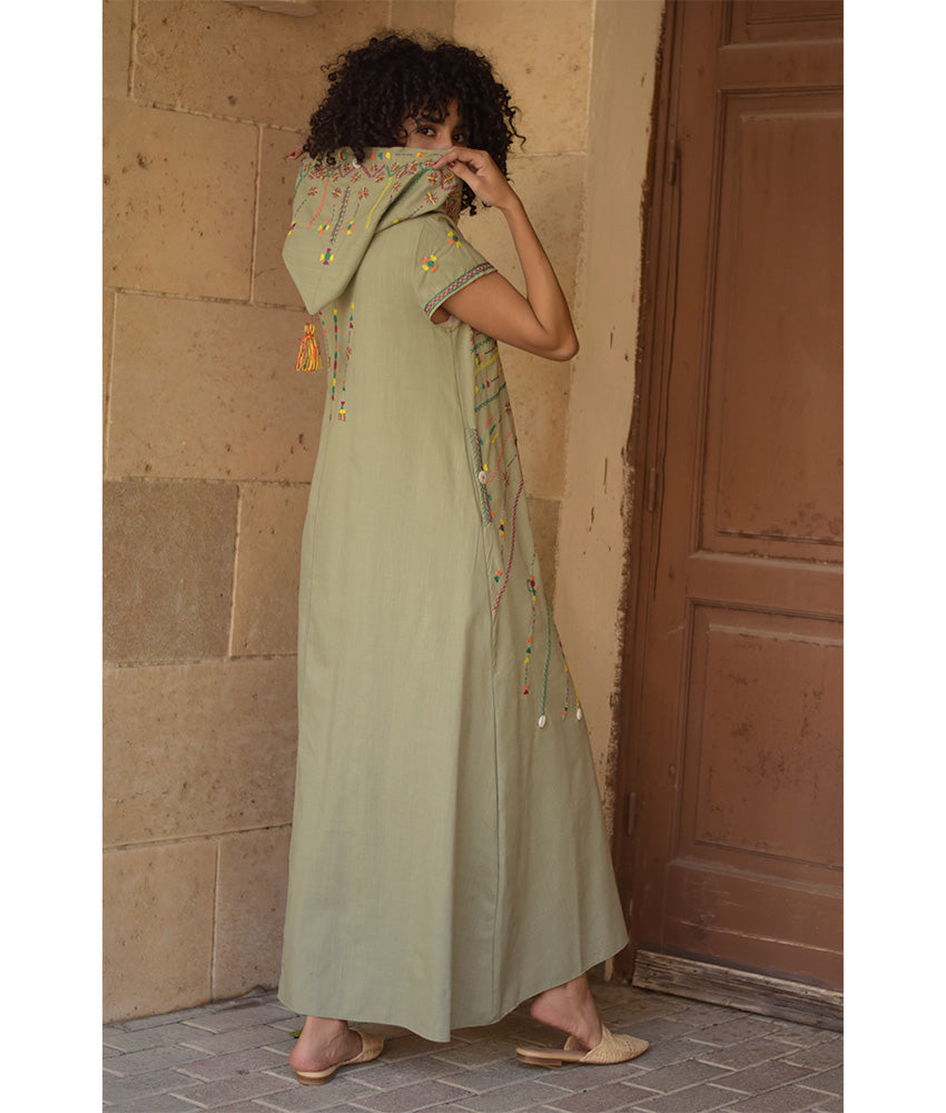 Light olive Siwa Heavily Embroidered Linen Dress with Hoodie handmade in Egypt & available at Jozee Boutique.