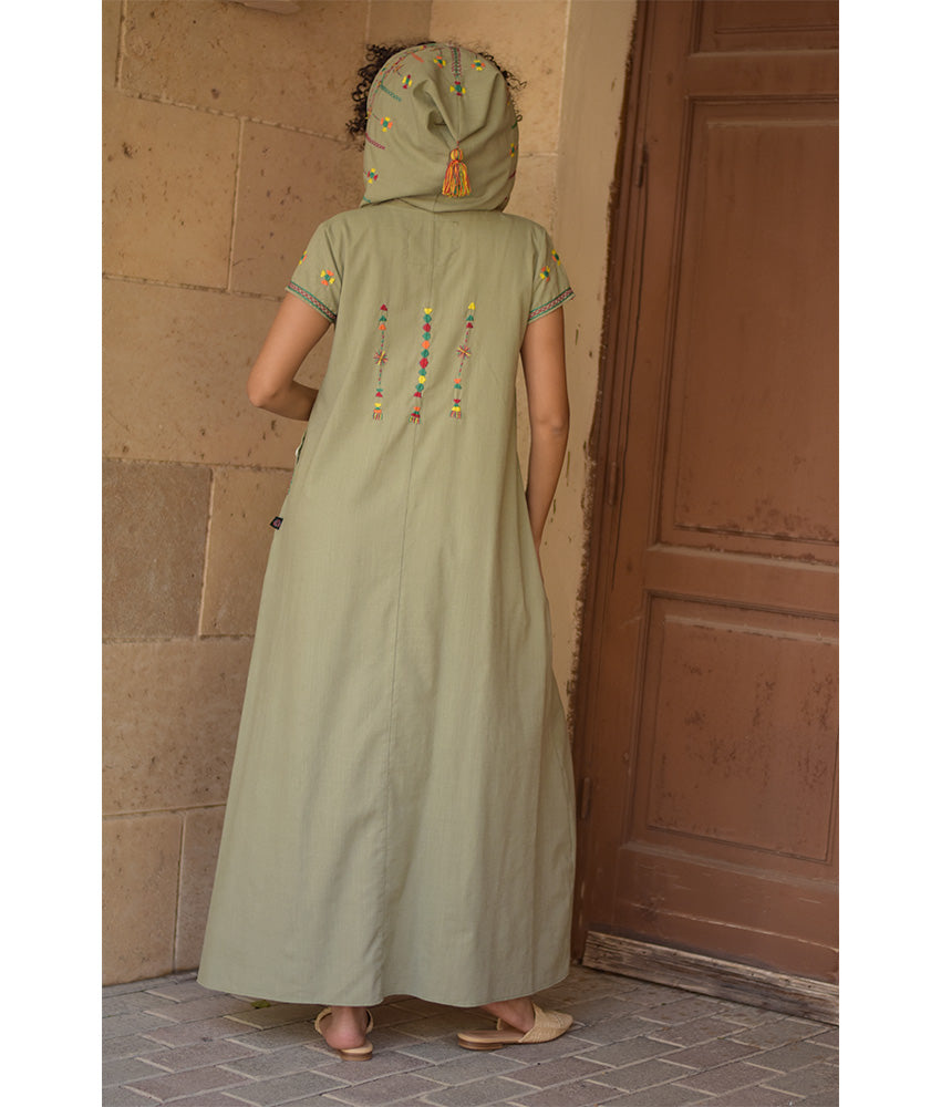 Light olive Siwa Heavily Embroidered Linen Dress with Hoodie handmade in Egypt & available at Jozee Boutique.
