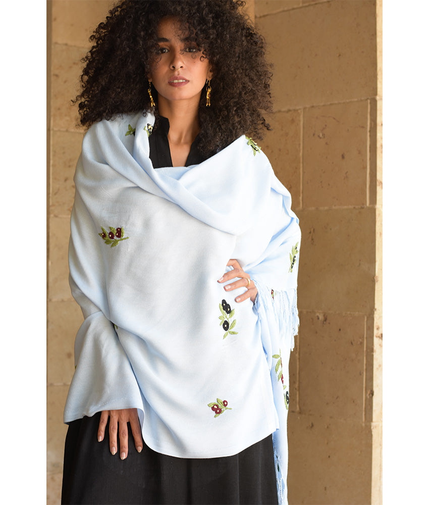 Light Blue Handwoven Viscose Shawl with Hand Embroideries – Fatoum