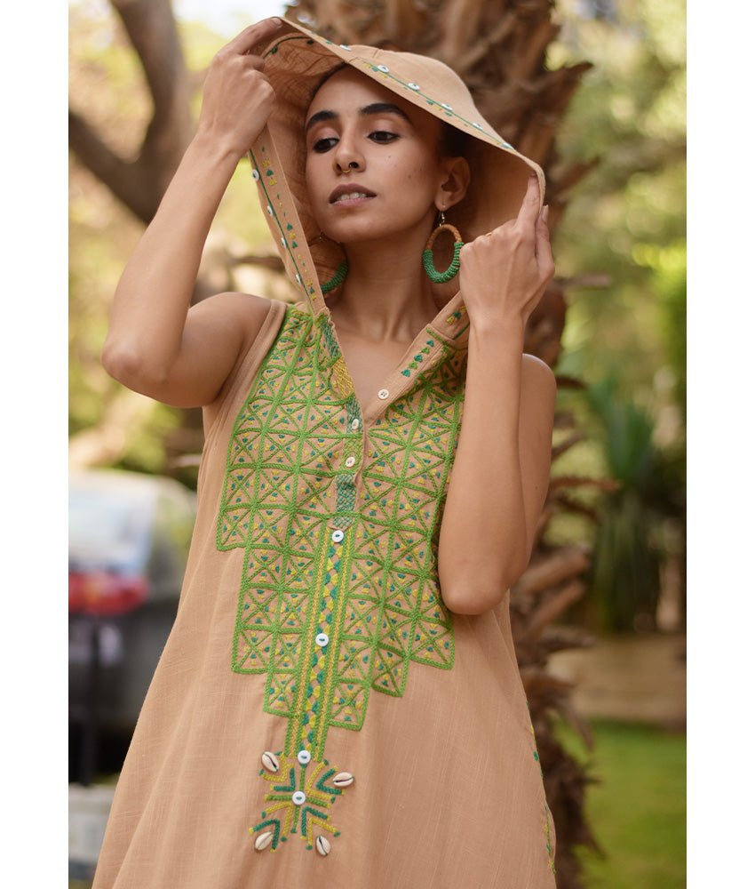Dark beige Siwa Heavily Embroidered Linen Dress with Hoodie handmade in Egypt & available at Jozee Boutique.