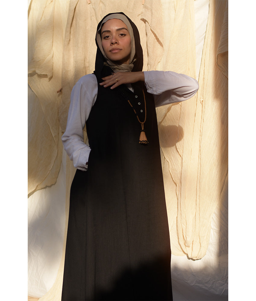 Black Linen Dress with Hoodie handmade in Egypt & available at Jozee Boutique.