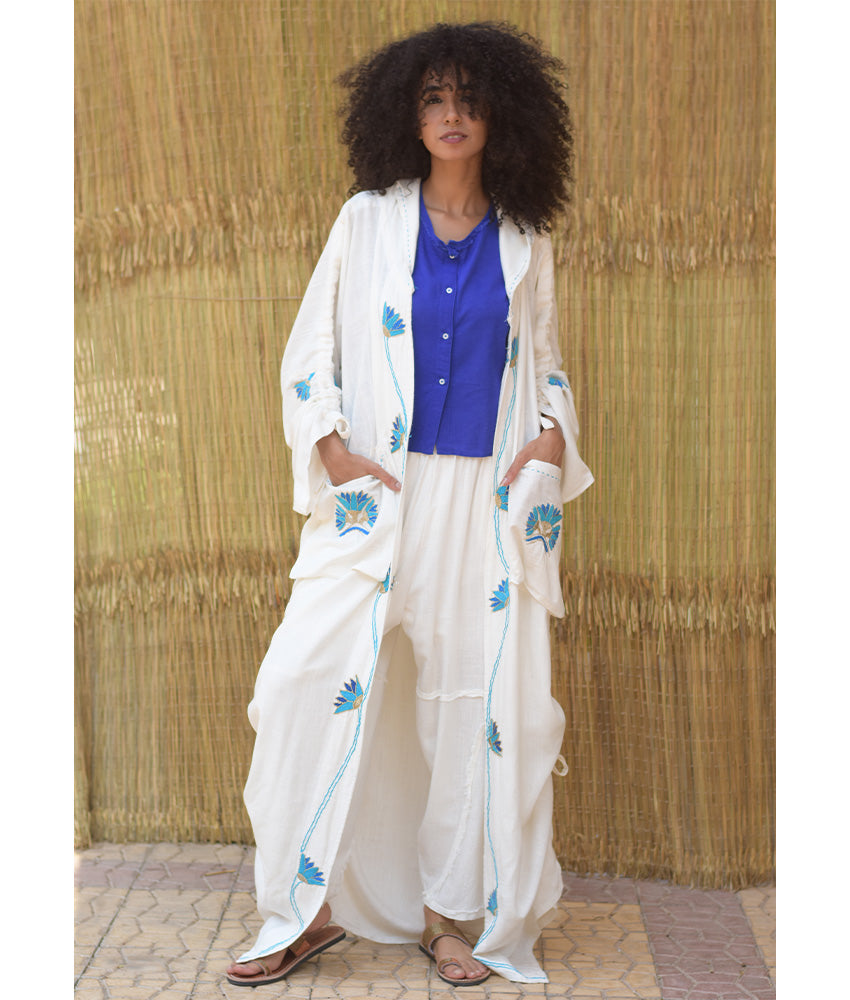 White Embroidered Draped Linen Cotton Cardigan - Fatoum