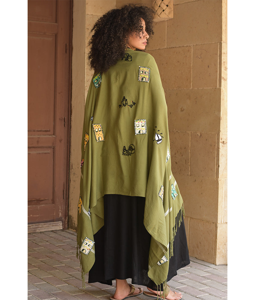 Olive Green Handwoven Viscose Shawl with Hand Embroideries – Fatoum
