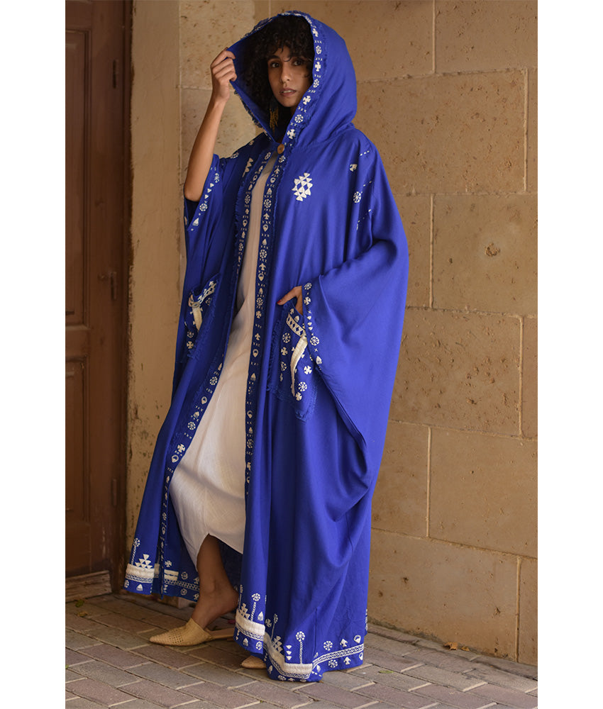 Electric Blue Siwa Embroidered Linen Cardigan/Abaya with Hoodie handmade in Egypt & available at Jozee Boutique.