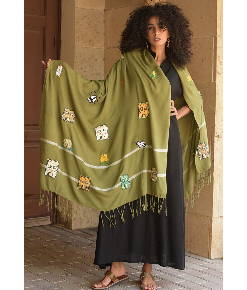 Olive Green Handwoven Viscose Shawl with Hand Embroideries – Fatoum