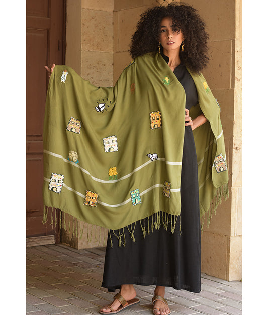 Olive Green Handwoven Viscose Shawl with Hand Embroideries – Fatoum