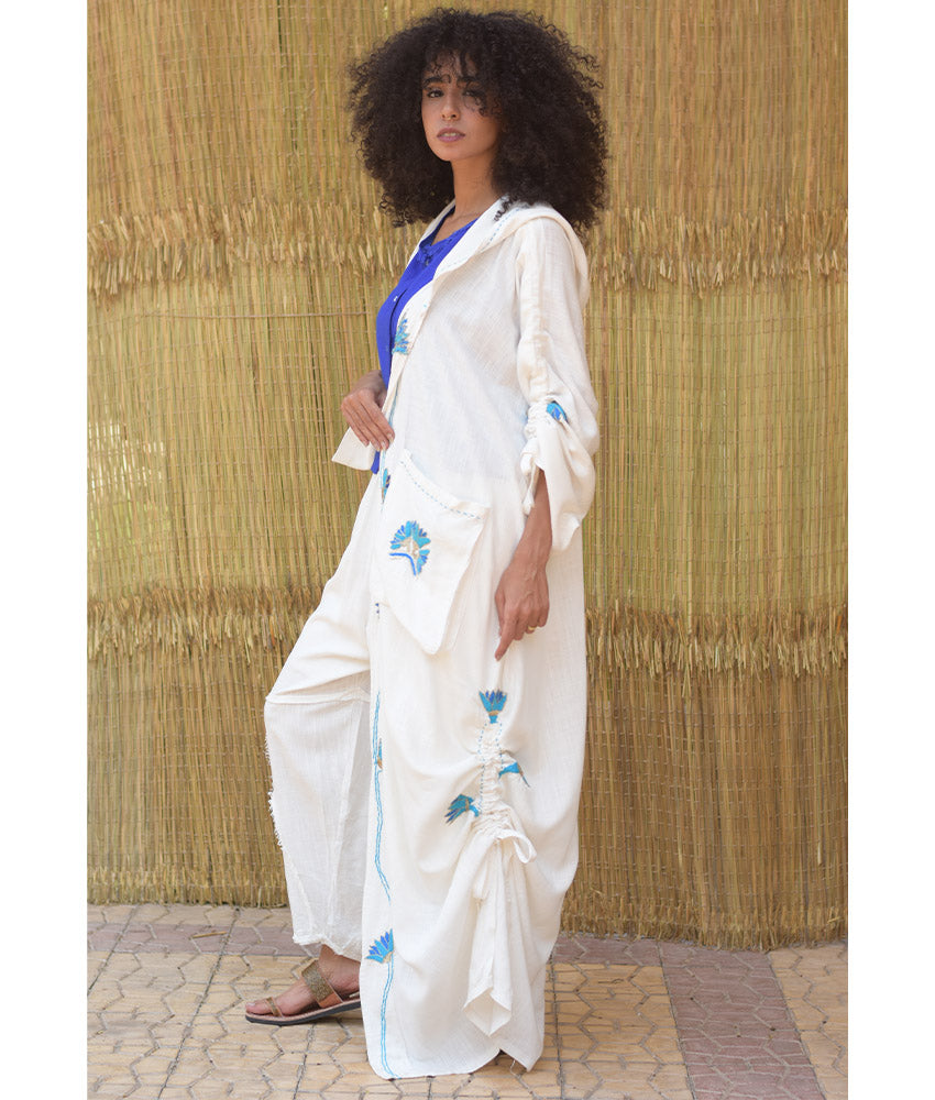 White Embroidered Draped Linen Cotton Cardigan - Fatoum