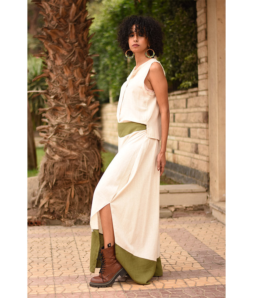 Off white Flowy Pants with apple green Patches handmade in Egypt & available in Jozee boutique