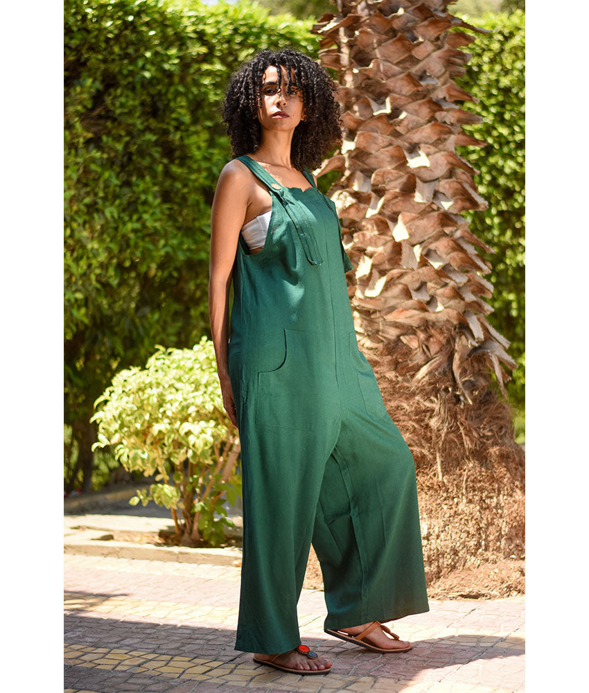 Emerald Green Linen Jumpsuit handmade in Egypt & available at Jozee Boutique.