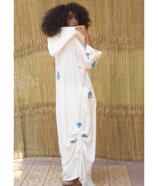 White Embroidered Draped Linen Cotton Cardigan - Fatoum