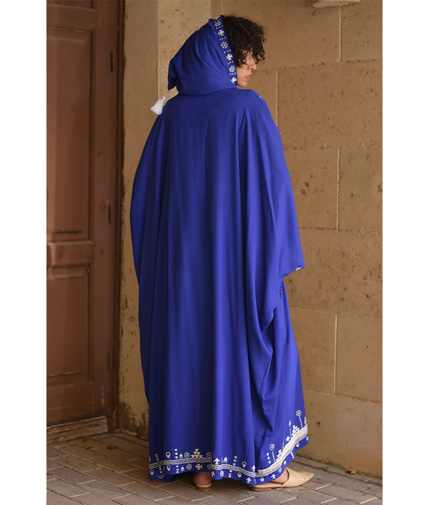 Electric Blue Siwa Embroidered Linen Cardigan/Abaya with Hoodie handmade in Egypt & available at Jozee Boutique.