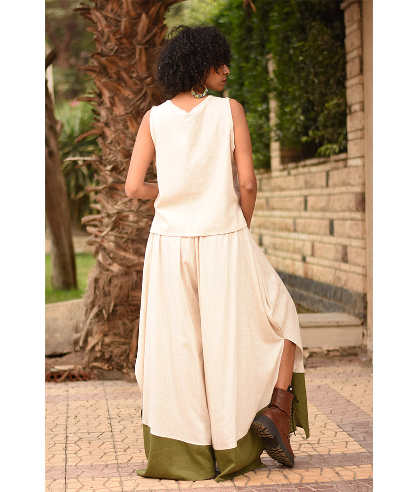 Off white Flowy Pants with apple green Patches handmade in Egypt & available in Jozee boutique
