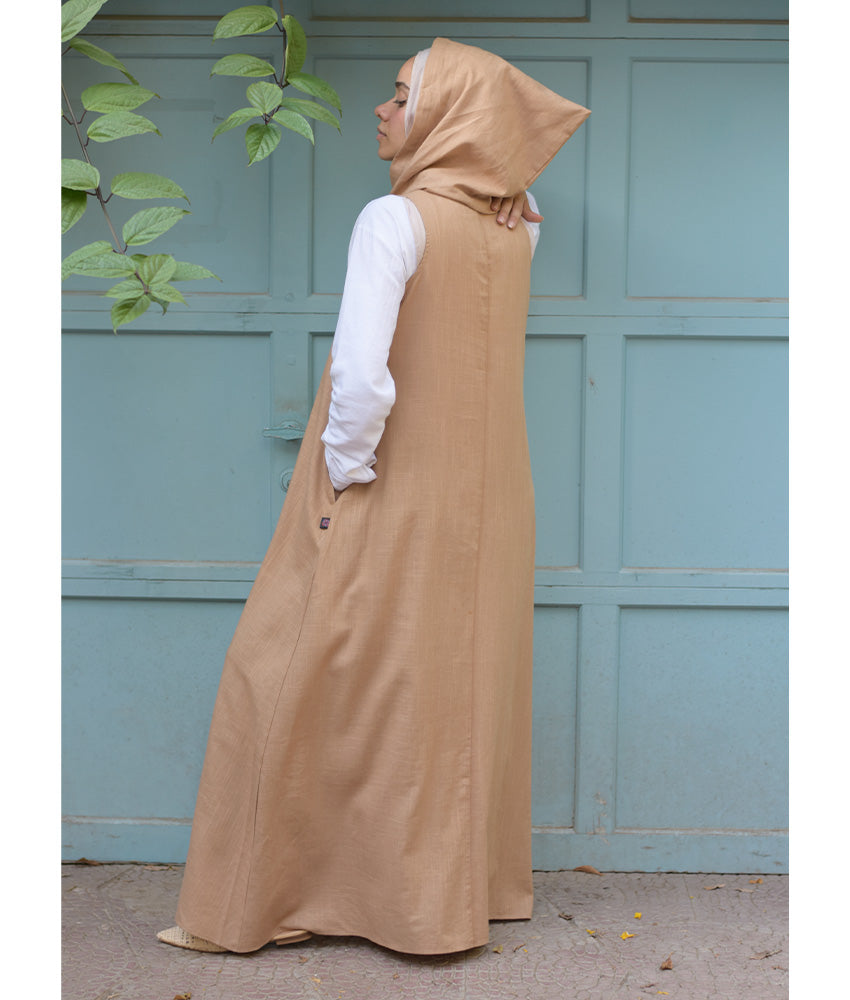 Dark Beige Linen Dress with Hoodie handmade in Egypt & available at Jozee Boutique.