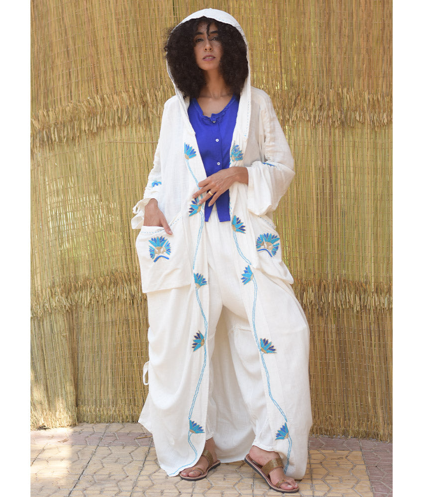 White Embroidered Draped Linen Cotton Cardigan - Fatoum