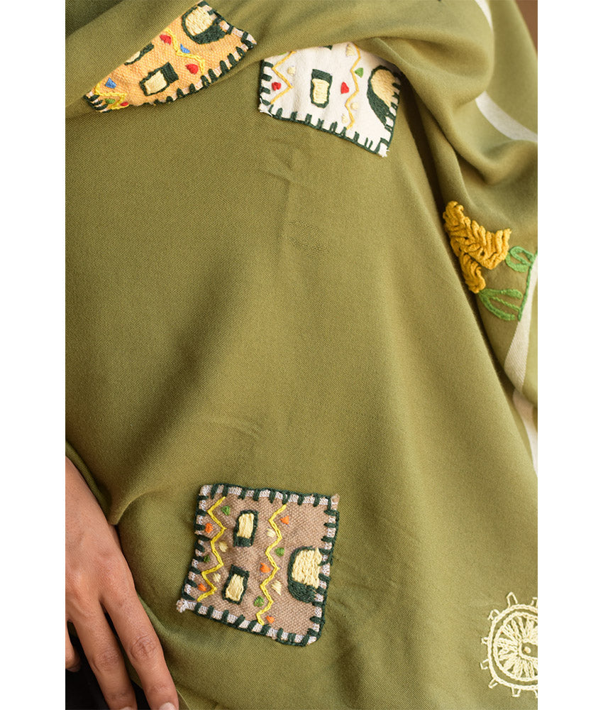 Olive Green Handwoven Viscose Shawl with Hand Embroideries – Fatoum