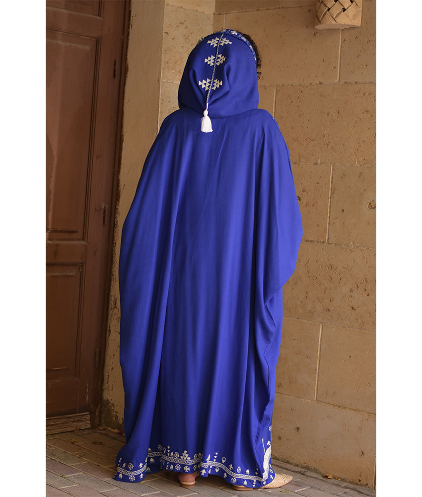 Electric Blue Siwa Embroidered Linen Cardigan/Abaya with Hoodie handmade in Egypt & available at Jozee Boutique.