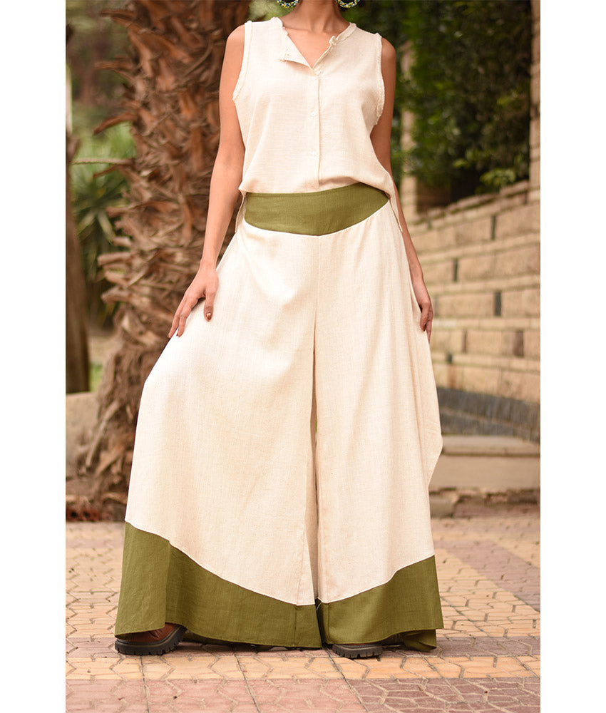 Off white Flowy Pants with apple green Patches handmade in Egypt & available in Jozee boutique