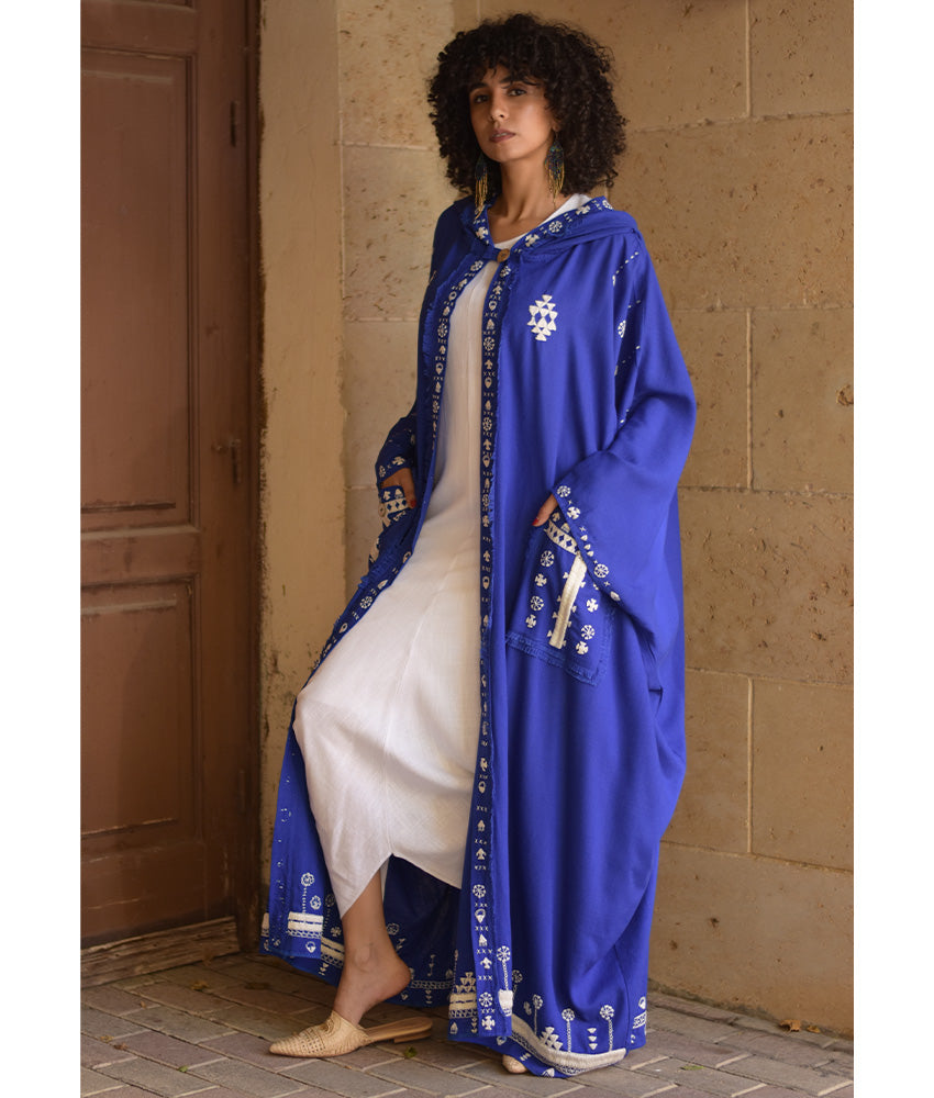 Electric Blue Siwa Embroidered Linen Cardigan/Abaya with Hoodie handmade in Egypt & available at Jozee Boutique.