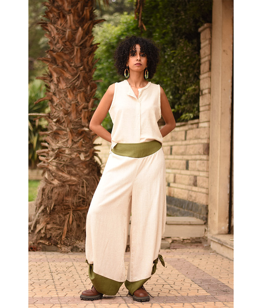 Off white Flowy Pants with apple green Patches handmade in Egypt & available in Jozee boutique