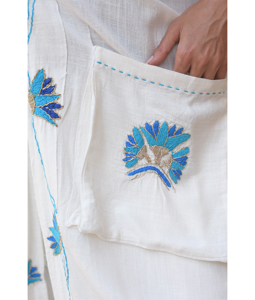 White Embroidered Draped Linen Cotton Cardigan - Fatoum