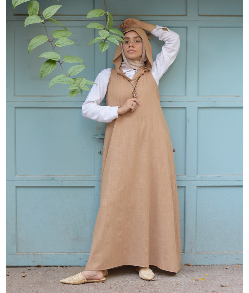 Dark Beige Linen Dress with Hoodie handmade in Egypt & available at Jozee Boutique.