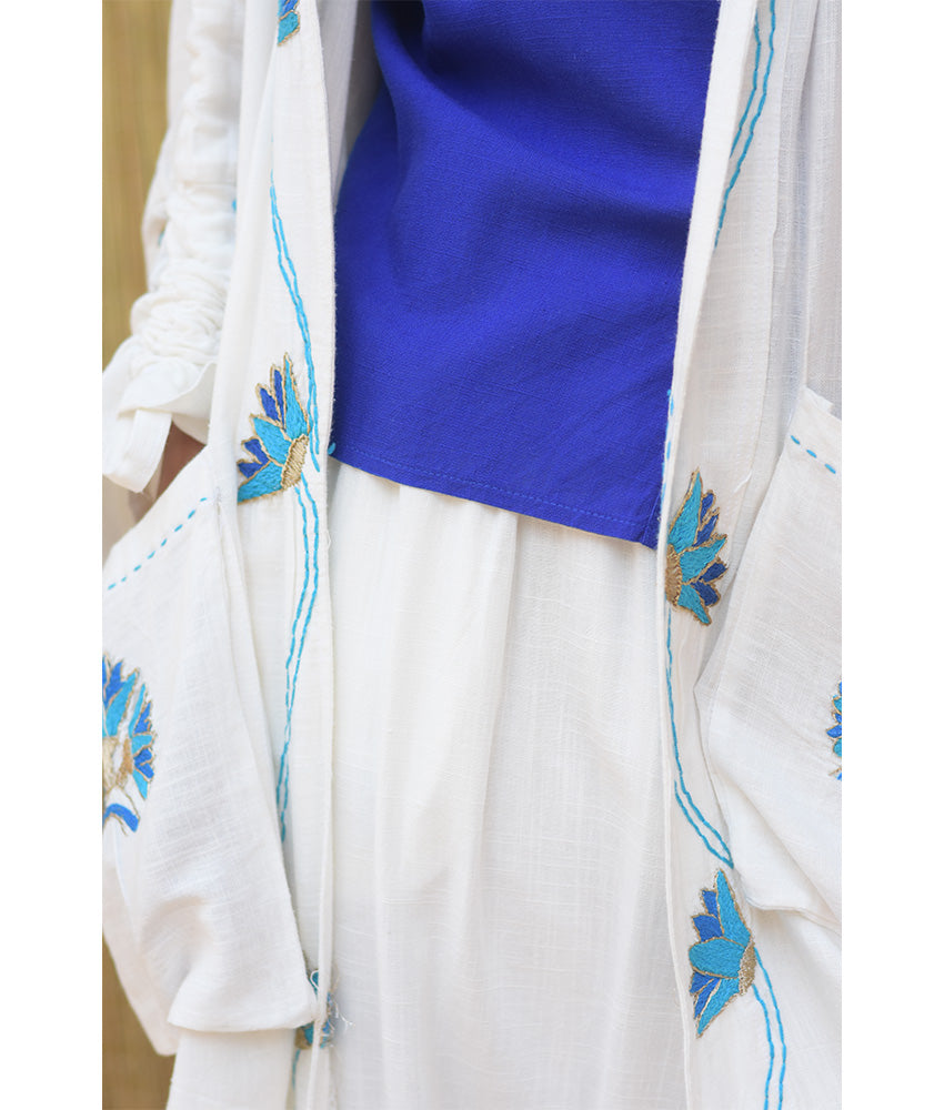 White Embroidered Draped Linen Cotton Cardigan - Fatoum