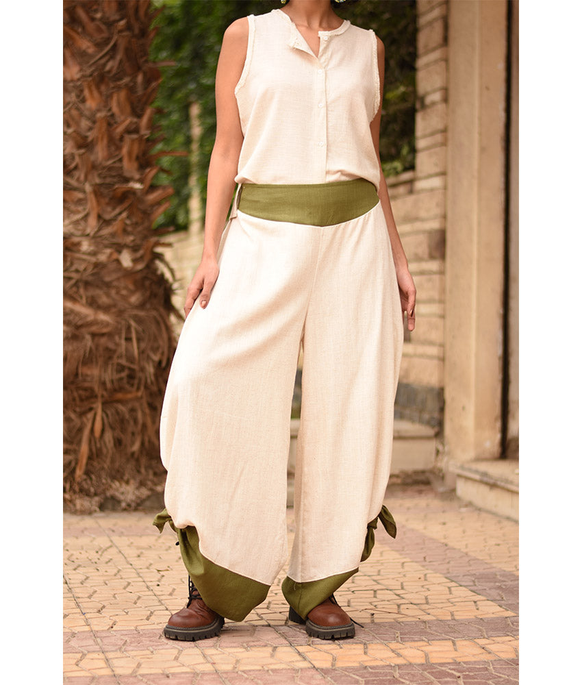 Off white Flowy Pants with apple green Patches handmade in Egypt & available in Jozee boutique
