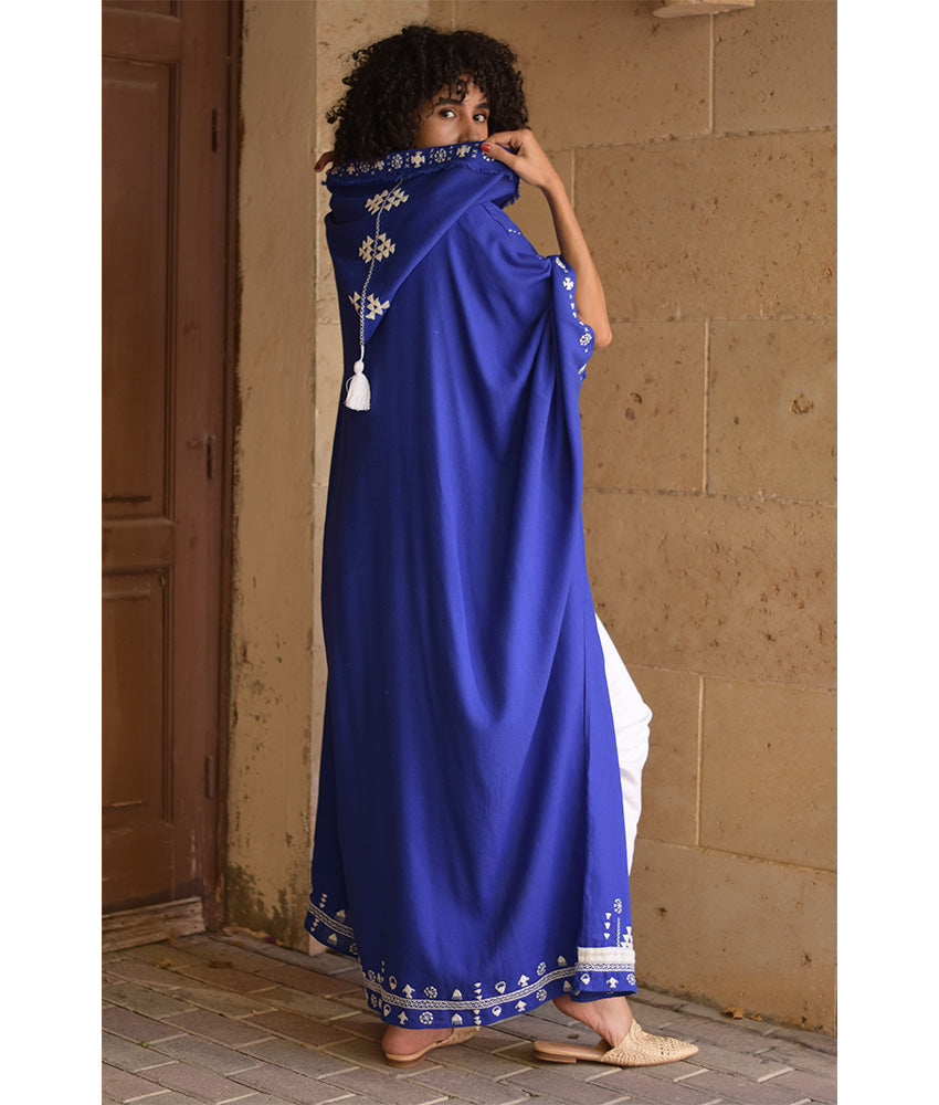 Electric Blue Siwa Embroidered Linen Cardigan/Abaya with Hoodie handmade in Egypt & available at Jozee Boutique.
