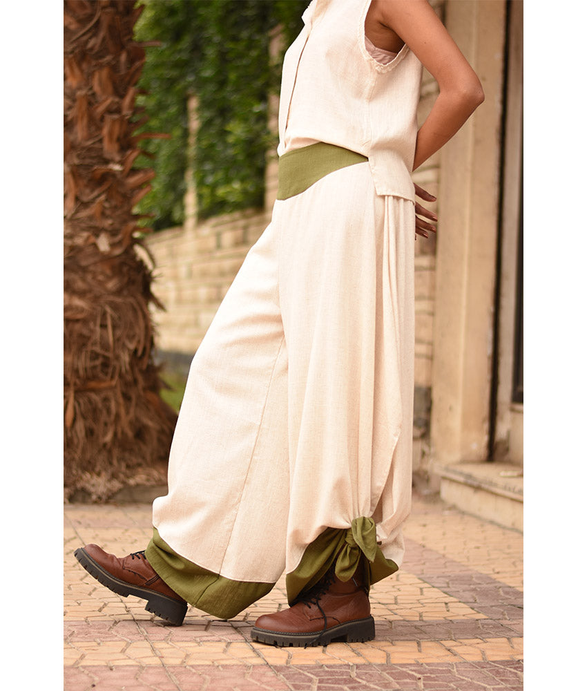 Off white Flowy Pants with apple green Patches handmade in Egypt & available in Jozee boutique