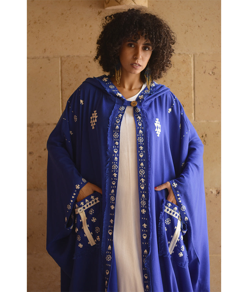 Electric Blue Siwa Embroidered Linen Cardigan/Abaya with Hoodie handmade in Egypt & available at Jozee Boutique.
