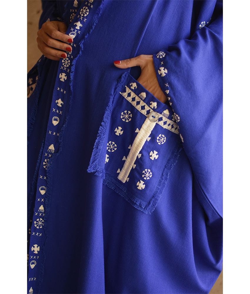 Electric Blue Siwa Embroidered Linen Cardigan/Abaya with Hoodie handmade in Egypt & available at Jozee Boutique.