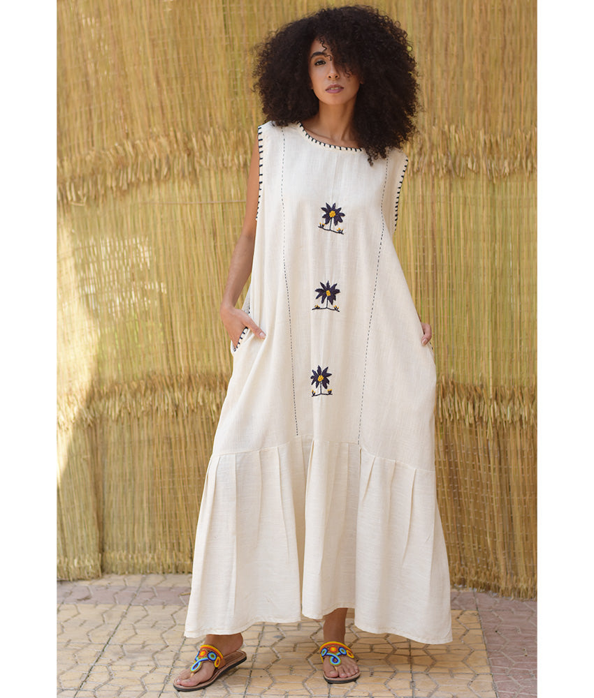 Off White Linen Dress with Hand Embroideries – Fatoum