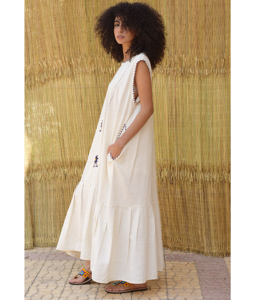 Off White Linen Dress with Hand Embroideries – Fatoum
