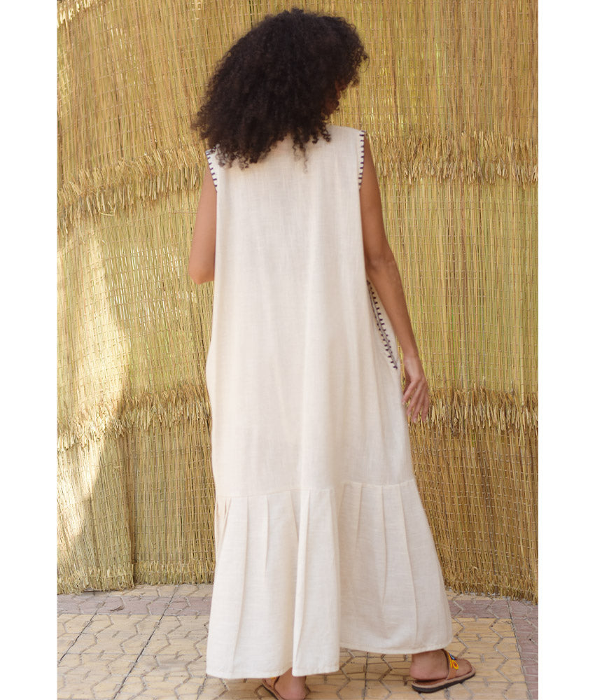 Off White Linen Dress with Hand Embroideries – Fatoum