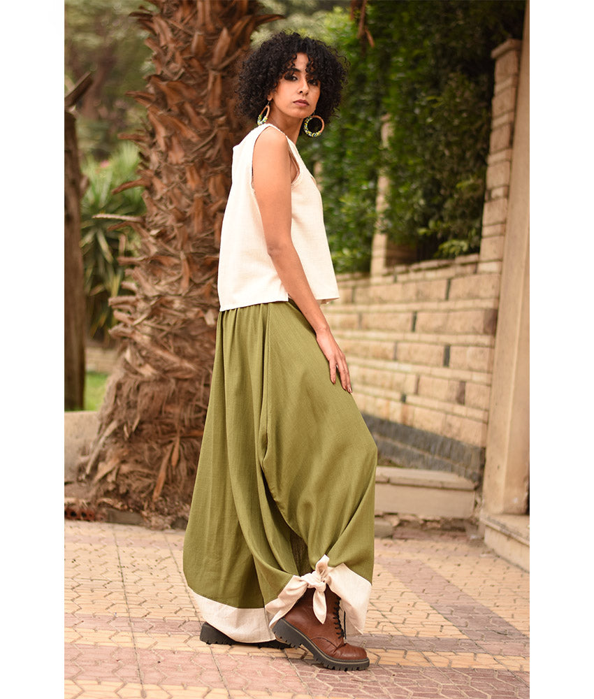 Apple green Flowy Pants with off white Patches handmade in Egypt & available in Jozee boutique