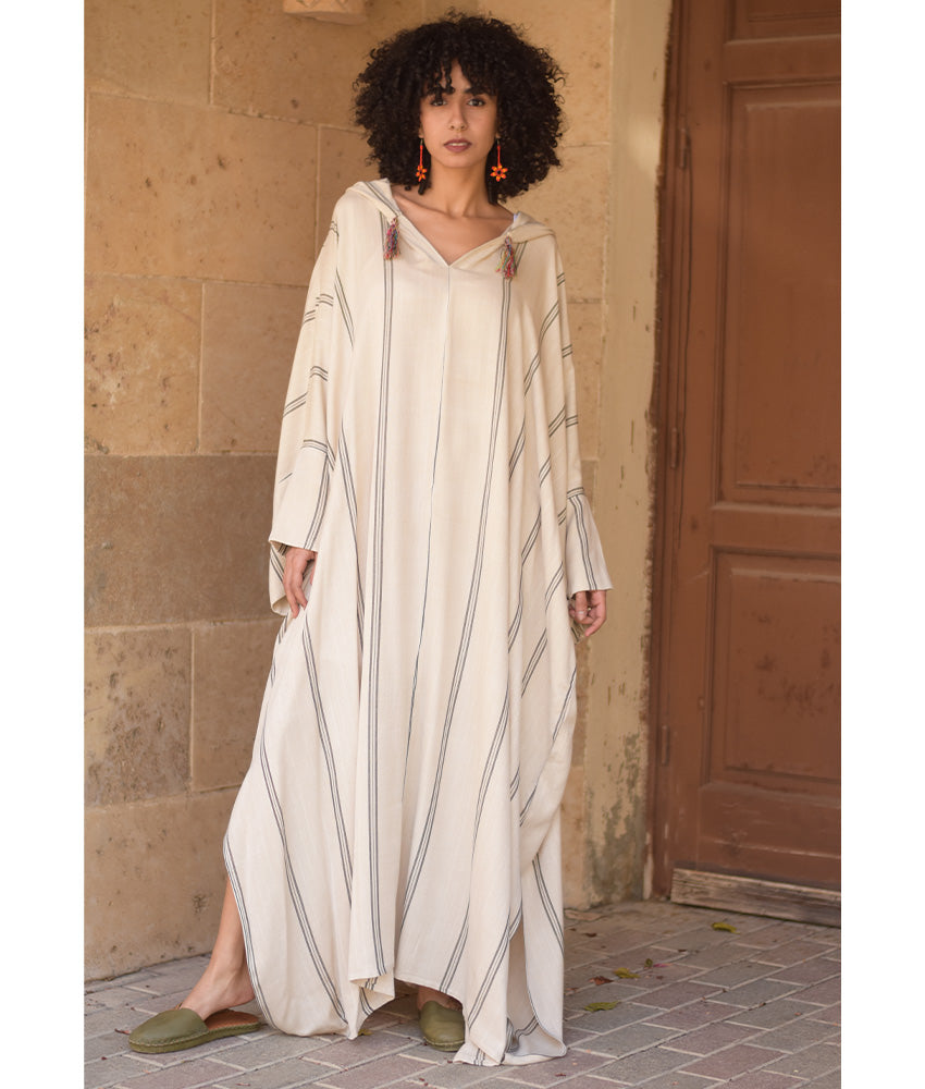 Beige Stripped Viscose Kaftan with Hoodie handmade in Egypt & available at Jozee Boutique.