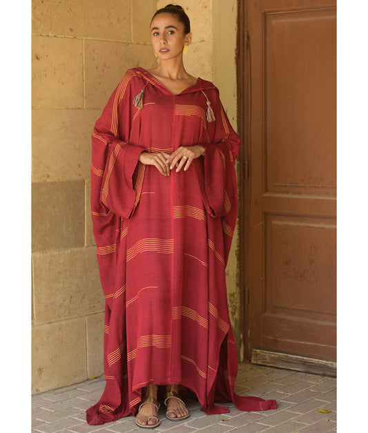 Burgundy & Mustard Stripped Viscose Kaftan with Hoodie handmade in Egypt & available at Jozee Boutique.