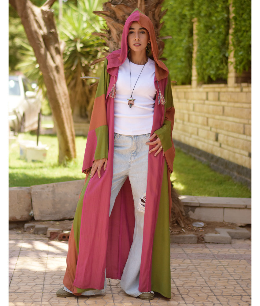 Pink, Green & Orange Viscose Cardigan with Hoodie handmade in Egypt & available at Jozee Boutique.