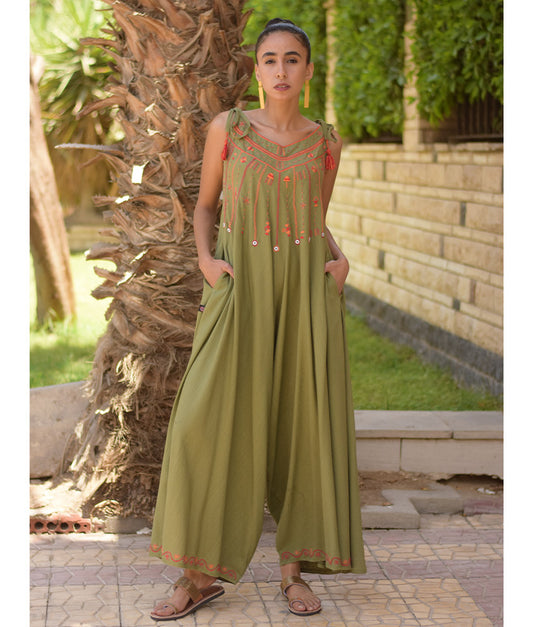Army green Siwa Embroidered Linen Flowy Jumpsuit/Dress handmade in Egypt & available at Jozee Boutique.