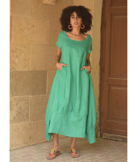 Turquoise Raw Linen Balloon Dress handmade in Egypt & available at Jozee boutique